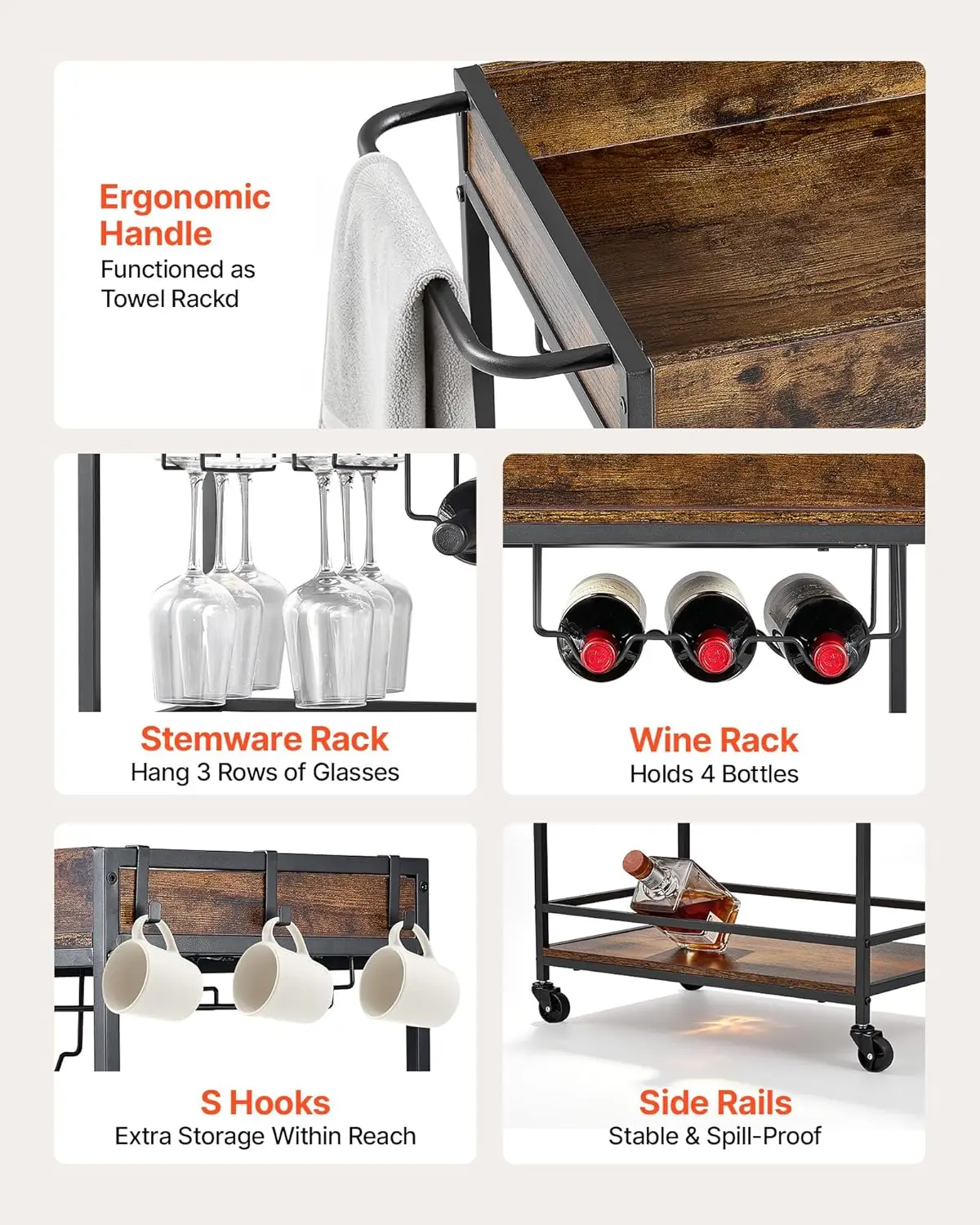Bar Cart, 3 Tiers Home Kitchen - Home Bar Shelves 评论和价格